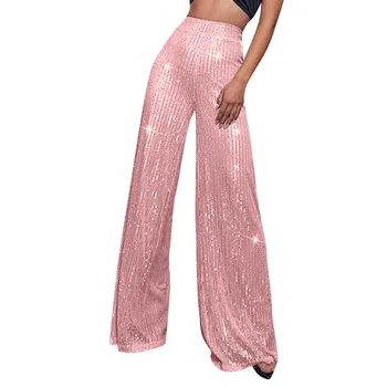 Женские брюки розовые Модные однотонные длинные брюки с высокой талией и блестками, с боковой застежкой-молнией, широкие женские брюки