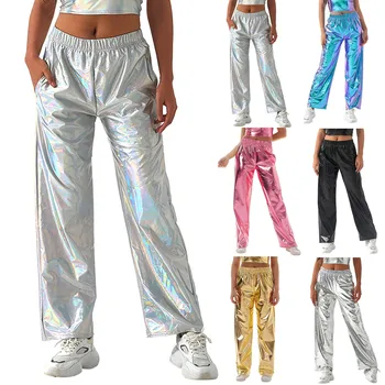 Женские брюки с металлическим блеском, эластичный пояс, Свободные повседневные длинные брюки, штаны для косплея 