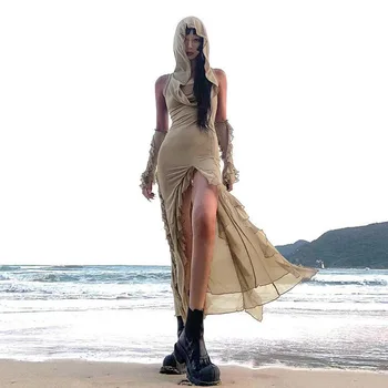 Женские платья Dune Waste Дизайн С Капюшоном, Однотонные Платья в стиле Ретро, Сексуальные Длинные Платья С Тонким Разрезом