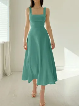Женские платья, летнее новое цельное платье с тонким квадратным воротником на бретелях, повседневное платье с квадратным воротником 2