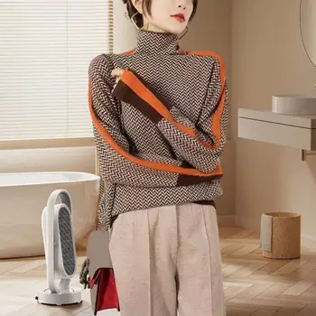 Женский свитер свободного кроя, уютный свитер с высоким воротником для женщин, осенне-зимний вязаный пуловер контрастного цвета с рисунком сплайсинга, толстый 0