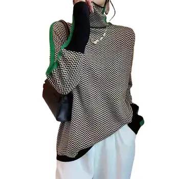 Женский свитер свободного кроя, уютный свитер с высоким воротником для женщин, осенне-зимний вязаный пуловер контрастного цвета с рисунком сплайсинга, толстый 1