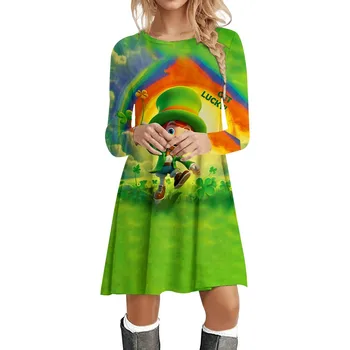 Женское модное повседневное платье с круглым вырезом и длинными рукавами в виде четырех листьев Святого Патрика с 3D принтом Женские повседневные платья Осень