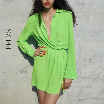 женское платье 2021 года, винтажное зеленое мини-платье с v-образным вырезом, сексуальное платье с длинным рукавом, повседневные офисные платья на пуговицах