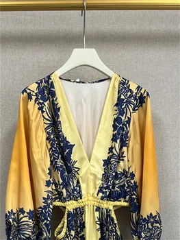 Женское платье Миди с V-образным вырезом и цветочным принтом в стиле ретро, тонкий подол с оборками, элегантные длинные халаты на весну-лето 2023