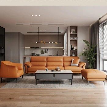 Итальянский роскошный кожаный диван, гостиная, чистый красный домик, первый этаж, комбинация мебели из воловьей кожи S196