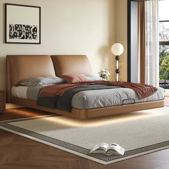 Кожаная кровать Простая современная двуспальная ретро-подвеска для главной комнаты