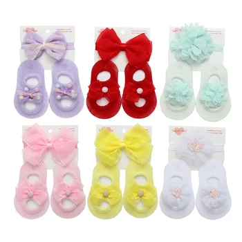 Комплект из 2шт детских носков с повязкой на голову для новорожденной девочки с милым бантом, однотонный карамельный носок