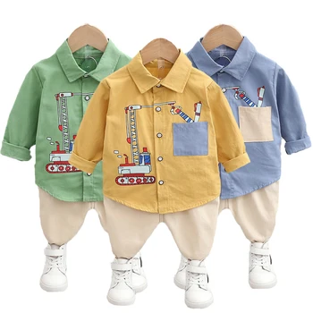 Комплект одежды для мальчиков, весенне-осенняя хлопковая рубашка с мультяшным экскаватором + брюки, 2 предмета, костюм для мальчика, детская одежда для малышей, Рождественский подарок