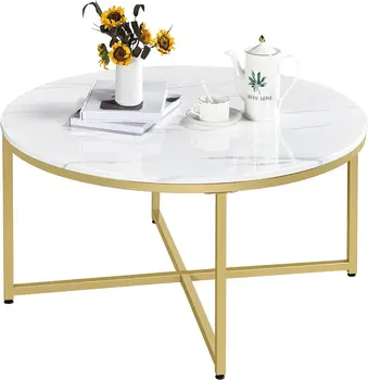 Круглый журнальный столик из искусственного мрамора 35,5 дюйма с металлическими ножками для гостиной, современный центральный стол для дома и офиса, белый и золотой