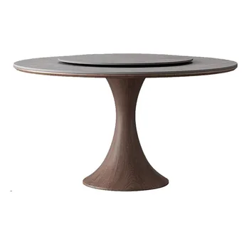 Круглый обеденный стол из массива дерева с поворотным столом, дизайнерское сочетание современного и минималистичного орехового цвета solid woo