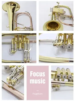 Латунный корпус Клапаны из нержавеющей стали Музыкальный инструмент, свинцовая труба из розовой латуни Золотой лак Bb Flugelhorn