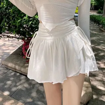 Летние белые мини-юбки Lucyever в корейском стиле, плиссированная юбка с завышенной талией, нерегулярный шнурок, Универсальные короткие юбки в девчачьем стиле 0