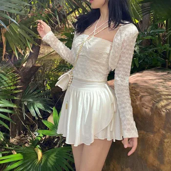 Летние белые мини-юбки Lucyever в корейском стиле, плиссированная юбка с завышенной талией, нерегулярный шнурок, Универсальные короткие юбки в девчачьем стиле 2