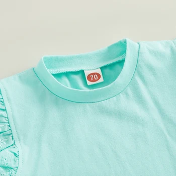 Летняя Одежда для маленьких девочек, футболка с кружевным рукавом-мушкой, топы, шорты с рюшами, однотонные шорты, комплект одежды из 2 предметов