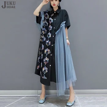 Новое женское летнее повседневное Черное платье-рубашка в корейском стиле с коротким рукавом и нашивками в виде цветов, Уникальное просторное платье-халат JJXD589