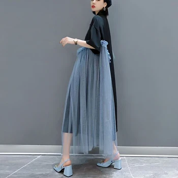 Новое женское летнее повседневное Черное платье-рубашка в корейском стиле с коротким рукавом и нашивками в виде цветов, Уникальное просторное платье-халат JJXD589 3