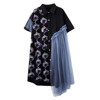 Новое женское летнее повседневное Черное платье-рубашка в корейском стиле с коротким рукавом и нашивками в виде цветов, Уникальное просторное платье-халат JJXD589 4