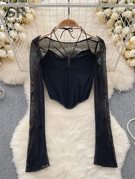 Однотонная сетчатая блузка в стиле пэчворк, Черная женская блузка с длинным рукавом и квадратным вырезом, женская модная Тонкая Летняя Шикарная Сексуальная рубашка
