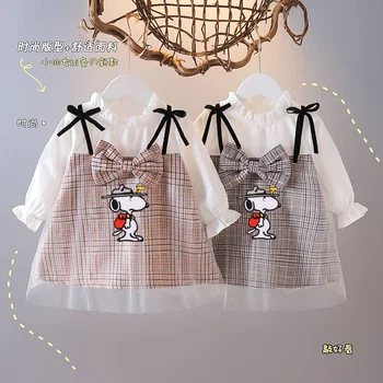 Платье-жилет Snoopy для девочек, весенне-осенняя юбка принцессы в сеточку, детское платье с длинными рукавами