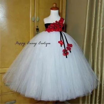 Платье-пачка с красными лепестками цветов для девочек, детское платье-фея из белого тюля, бальное платье, детские платья для костюмов на День рождения, свадьбу, вечеринку