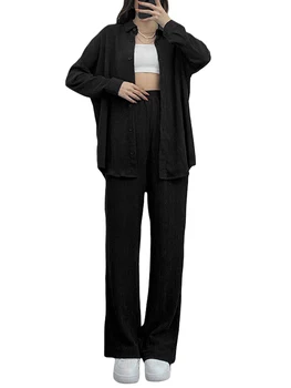 Повседневная женская рубашка с длинным рукавом, на пуговицах, с лацканами и широкими брюками, стильный спортивный костюм для отдыха