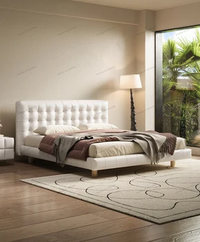 Подвесная кровать в спальне, буковое дерево, кожа Напа, современный и простой кремовый стиль, роскошная главная кровать белого цвета, односпальная кровать