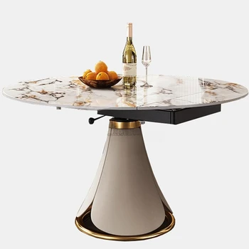 Раздвижные столы в скандинавском стиле с поворотным столом Кухонная роскошная Мелкая бытовая мебель Мраморный круглый обеденный стол с набором из 6 стульев 0