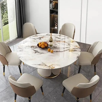 Раздвижные столы в скандинавском стиле с поворотным столом Кухонная роскошная Мелкая бытовая мебель Мраморный круглый обеденный стол с набором из 6 стульев 1
