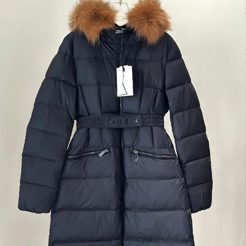 Роскошная женская длинная пуховая куртка, утепленное зимнее пуховое пальто с капюшоном, универсальная повседневная приталенная куртка на гусином пуху