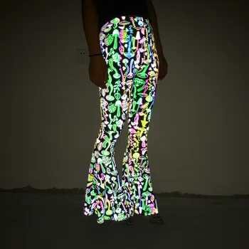 Светоотражающие брюки-клеш цвета радуги, Леггинсы, Женский узор из змеиной кожи, сцена ночного клуба, Светоотражающие узкие брюки, уличная одежда 4