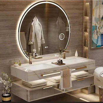 Современный шифер шкаф для ванной комнаты со смарт-зеркало керамическая двойная раковина тщеты ванной комнаты тумбы под раковину мебель для ванной комнаты