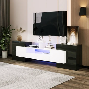 Стильный шкаф для телевизора, низкая панель. Глянцевая бело-черная мебель для гостиной со светодиодной подсветкой 200 см. Современный дизайн. Элегантное стекло