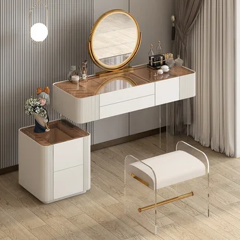 Туалетный столик, спальня, современный и простой, роскошный столик для макияжа на каменной плите, мелкая бытовая техника, кремовый столик для макияжа из массива дерева