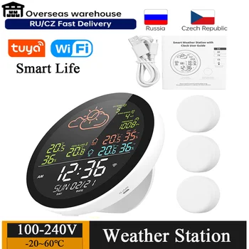 Умная метеостанция TUYA Wifi с часами, измерителем температуры и влажности, цветным экраном, погодными часами, датчиком температуры и влажности. 0
