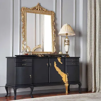 Французский светлый роскошный матовый черный золотой обеденный шкаф из массива дерева для хранения, Европейский художественный шкаф для зала виллы 1