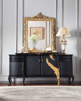 Французский светлый роскошный матовый черный золотой обеденный шкаф из массива дерева для хранения, Европейский художественный шкаф для зала виллы 4