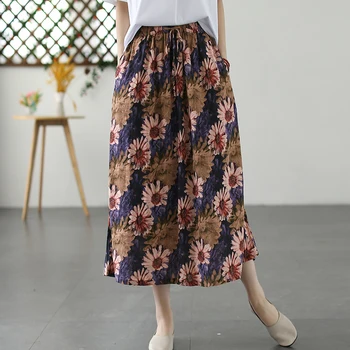 Хлопковая женская юбка с цветочным принтом, эластичный пояс трапециевидной формы, 2023, Весна-лето, Эластичный пояс, карманы, Модная длинная юбка YoYiKamomo