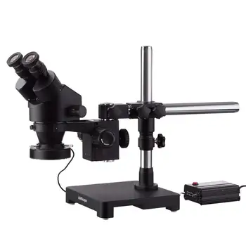 Черный Стереоскопический Зум-Микроскоп AmScope 3.5X-90X с Однорычажной Штангой и кольцевой подсветкой на 80 светодиодов